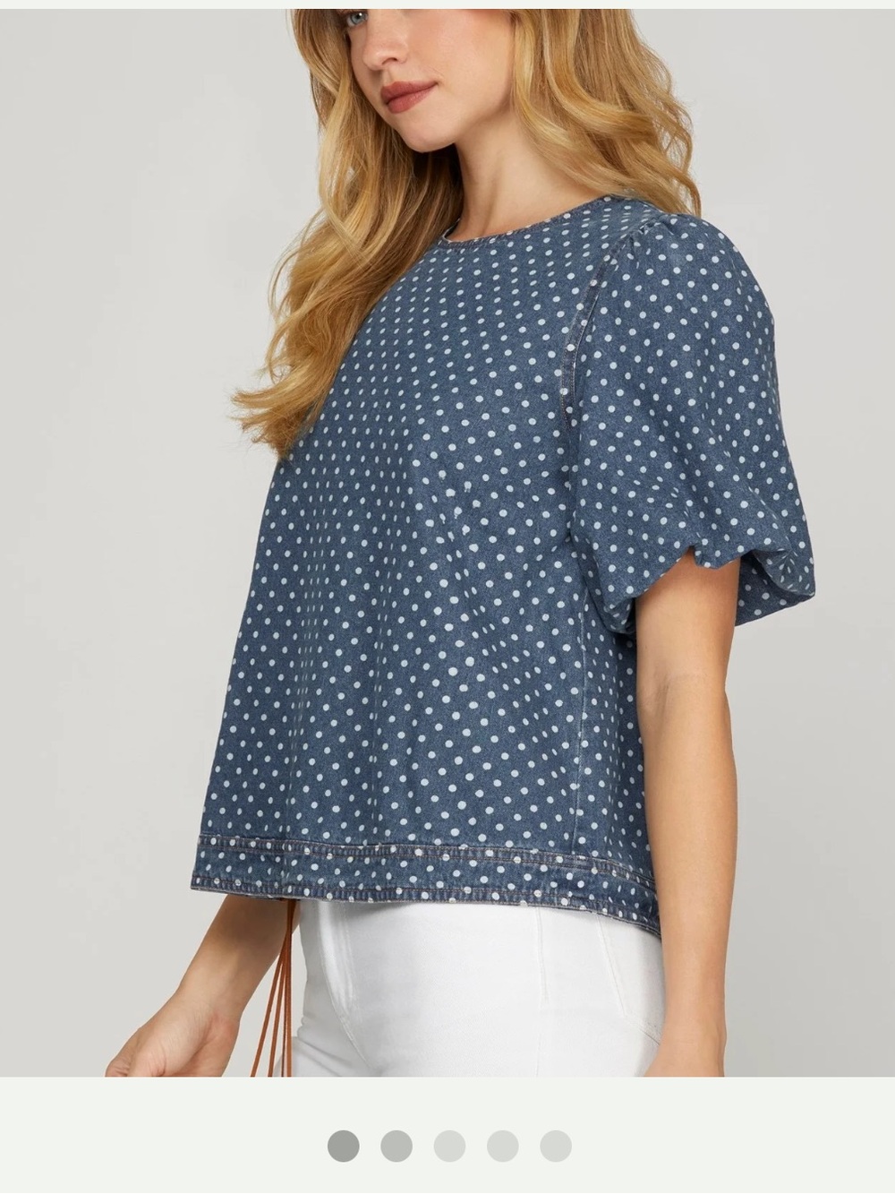 She + Sky Blue Polka Dot Puff Sleeve Denim Blouse